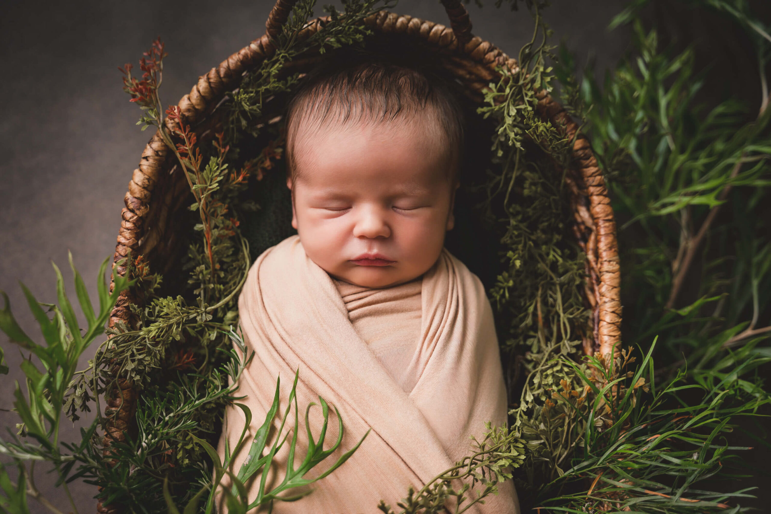 A newborn baby sleeps in a woven basket surrounded by greenery in a tan swaddle after meeting postpartum doulas in san francisco